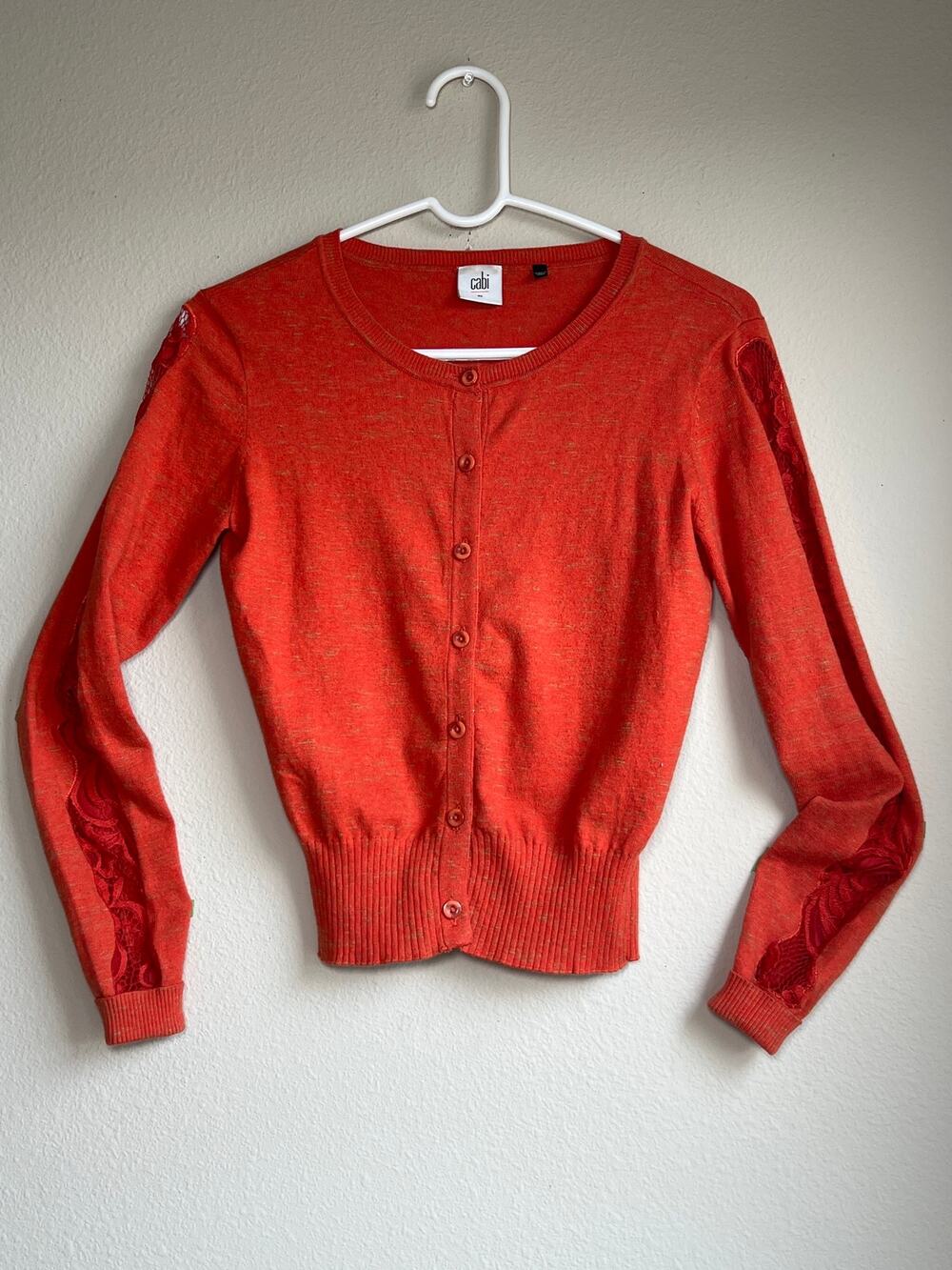 Cabi Womens XS Orange Lace Cut Out Sleeve Button Up Cardigan Sweater